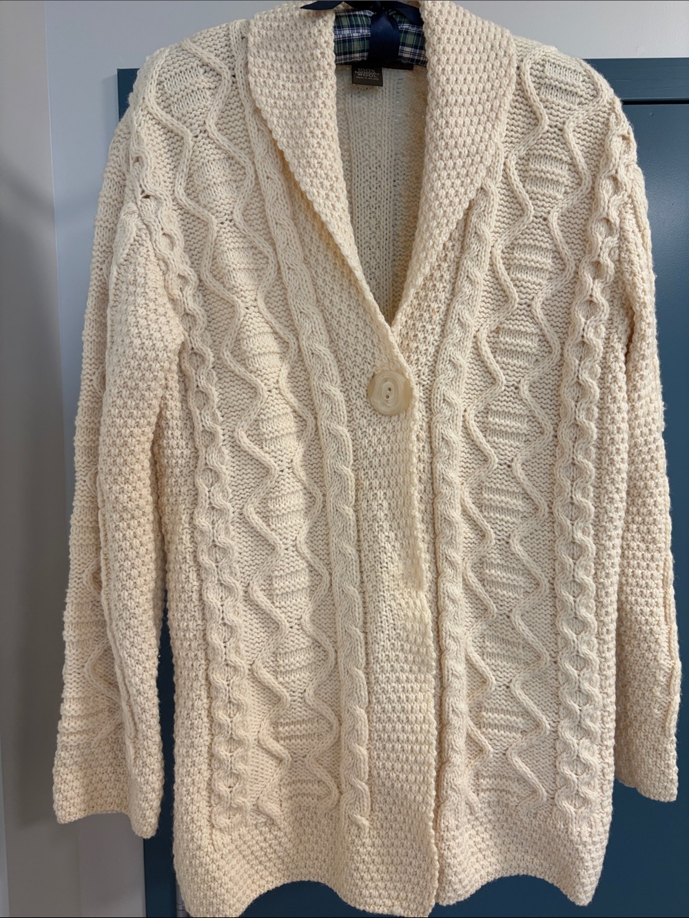 Textured Cream Cable Knit Shawl-Collar Cardigan